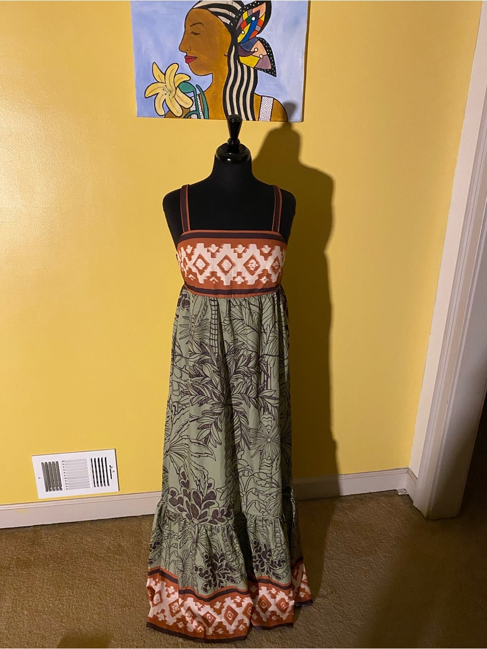 Boho Maxi Dress with Rust and Olive Print